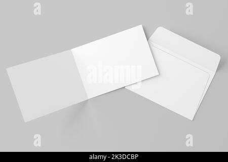 A4 A5 A6 Einladungskarte im Hochformat gefaltet mit Briefumschlag 3D Weißes, unbeschriftetes Mockup Stockfoto