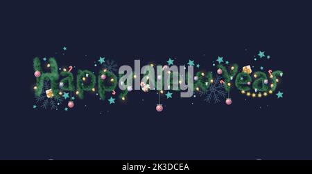 Gratulation Frohes Neues Jahr, stilvolles Design aus Tannenzweigen mit Feiertagsdekorationen - Vektor-Illustration Stock Vektor