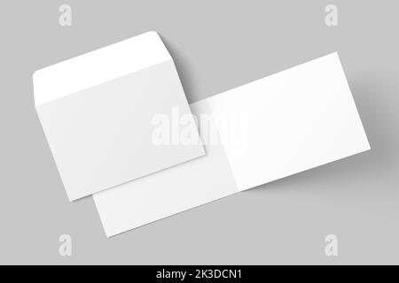 A4 A5 A6 Einladungskarte im Hochformat gefaltet mit Briefumschlag 3D Weißes, unbeschriftetes Mockup Stockfoto