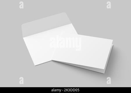 A4 A5 A6 Einladungskarte im Hochformat gefaltet mit Briefumschlag 3D Weißes, unbeschriftetes Mockup Stockfoto