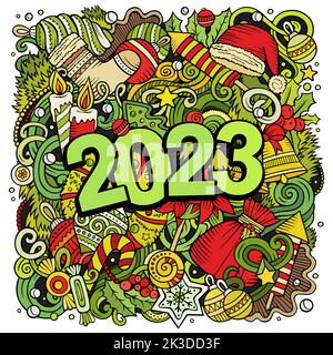 2023 Kritzeleien Illustration. Neujahrs-Objekte und Elemente-Poster Stock Vektor