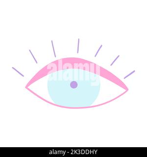 Mystische Augenikone im Cartoon-Retro-Stil. Vektor-Illustration von Pop-Aufkleber, böse Auge Symbol, Talisman in girly rosa und blauen Farben. Stock Vektor