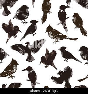 Viele Vögel verschiedener Arten im Linolschnitt-Retro-Stil, Vintage-Nahtloses Muster auf Weiß Stock Vektor