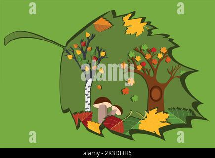 Herbstsaison Herbstlaub und wolkige Landschaft im Papierkunststil. Im Herbst sind Silhouettenbaum und Hügel Papercut-Kunst. Vektor 3D Abbildung c Stock Vektor