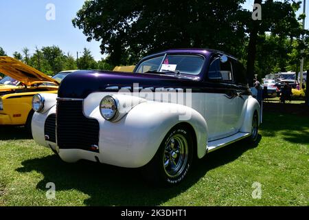 Die Chrom-Autologos und -Embleme auf der Autoausstellung in Holiday Camplands Stockfoto