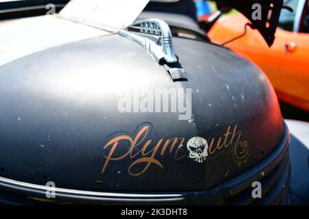 Die Chrom-Autologos und -Embleme auf der Autoausstellung in Holiday Camplands Stockfoto