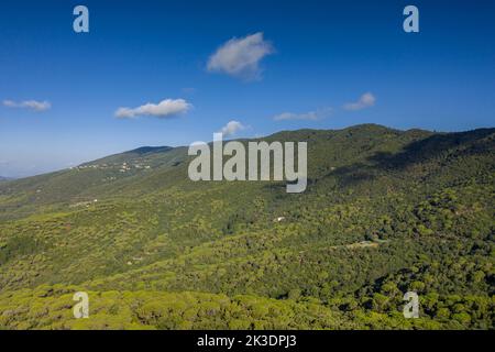 Luftaufnahme des Berges Montnegre von der Südwand, in der Region Maresme (Barcelona, Katalonien, Spanien) ESP: Vista aérea del Montnegre Stockfoto