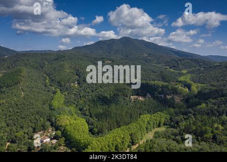 Luftaufnahme des Montnegre-Berges von der Nähe von Vallgorguina (Vallès Oriental, Barcelona, Katalonien, Spanien) ESP: Vista aérea del Montnegre Stockfoto