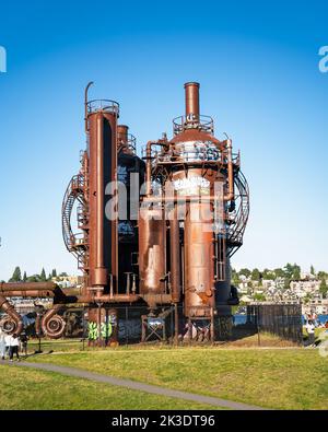 Eine vertikale Nahaufnahme der erstaunlichen Gaswerke im Zentrum von Seattle, Washington Stockfoto