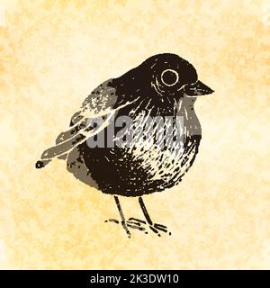 Niedlicher kleiner Vogel im Linolschnitt-Retro-Stil, Vintage-Silhouette des Vogels auf altem Papier Stock Vektor