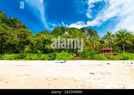 Berühmter Railay Strand in Krabi Stadt, Thailand. Blick auf weißen Sand und den Dschungel im Hintergrund. Tropische Pflanzen, Bäume und Palmen. Berühmtes Urlaubsziel Stockfoto