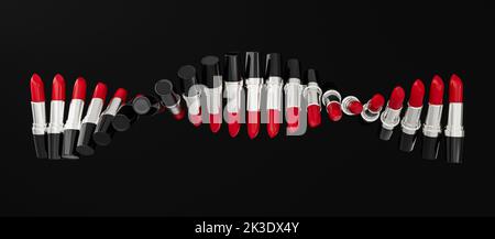 Lippenstift Row DNA Shape Fashion Bunte Lippenstifte auf schwarzem Hintergrund Make-up Konzept. Lipgloss. Lippenstifte 3D Abbildung Stockfoto