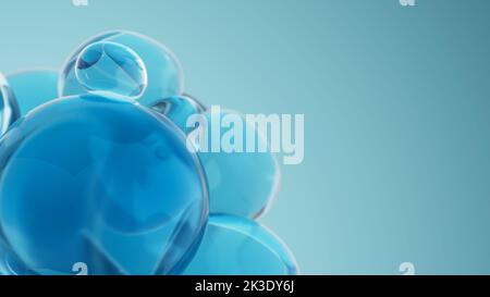 Nahaufnahme der blauen Ölblasen abstrakt. Naturkosmetik ätherisches Öl Tropfen. 3D Darstellung rendern Stockfoto