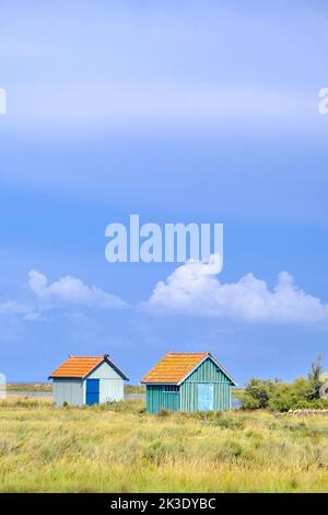 Insel „Ile d’Oleron“ (vor den Küsten Westfrankreichs): austernhütten auf dem Gelände von Fort Royer. Traditionelle bunte Austernhütten aus Holz entlang eines Chans Stockfoto