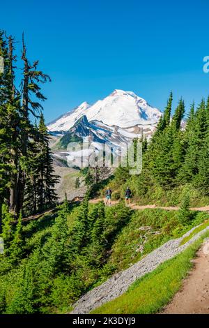 Paarwanderungen auf dem Chain Lakes Loop Trail, mit Mount Baker im Hintergrund, im Bundesstaat Washington, USA an einem sonnigen Tag. Stockfoto