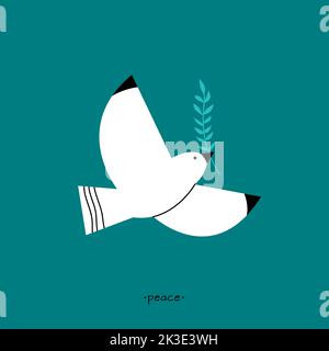 Taube des Friedens. Flache weiße Taube mit floralem Zweig. Fliegender abstrakter flacher Vogel, Möwenpostkarte. Moderne Mode Tierdruck, rette die Welt Stock Vektor
