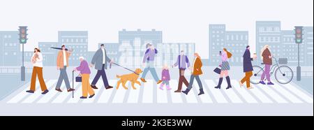 Leute, die auf der Fußgängerstraße laufen. Moderne, bevölkerte Stadt und Menschenmenge. Geschäftsleute, Kinder und Besitzer von Haustieren gehen auf Fußgänger, skicky Vektor-urbane Szene Stock Vektor