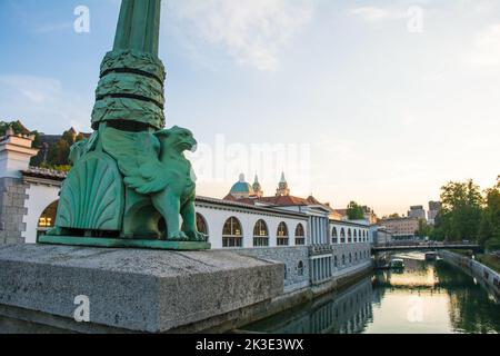 1 der kleineren Drachenstatuen auf der Drachenbrücke, oder Zmajski Most, einer Stahlbetonbrücke, die den Fluss Ljubljanica in Ljubljana, Slowenien, überquert Stockfoto