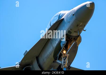 Eine Royal Canadian Air Force (RCAF) CF-18 Hornet nähert sich der Landung auf dem internationalen Flughafen London, Ontario, Kanada. Stockfoto