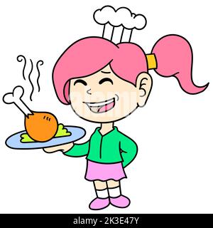 Ein farbenfrohes Vektorbild einer Köchin, die ein Hühnchen serviert Stock Vektor