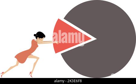 Business Person – das letzte Stück des Marktanteils – Tortendiagramm. Eine Geschäftsfrau, die ein letztes Stück in die richtige Position treibt, um ein Erfolgsdiagramm für den Marktanteil zu erstellen. Stock Vektor