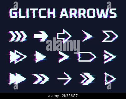 Glitch-Pfeile. Glitched Richtungspfeil, hud Hologramm Cyberpunk nächste Richtung digitaler Fernseheffekt zurück 1980 Navigation Sci-Fi Cursor, greller Vektor Illustration von Glitch Defekt Stock Vektor