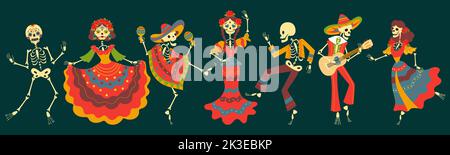 Tanzende Skelette sind mexikanische Festivalcharaktere. Skelett springen und Flamenco-Tanz, Tag der Toten oder halloween gruselige dekorative nowaday Vektor-Symbole Stock Vektor