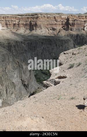 Blick auf den Canyon mit Fluss in der Landschaft im Charyn Canyon Nationalpark, Kasachstan Stockfoto