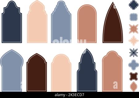 Arabische Fenstervorlage, orientalischer Designbogen und Dekor. Islamische Silhouetten Türen Design. Boho Stil Schilde, Formen Moschee Kuppel, anständige Architektur Stock Vektor