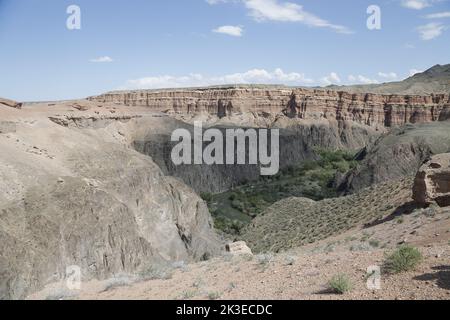 Blick auf den Canyon mit Fluss in der Landschaft im Charyn Canyon Nationalpark, Kasachstan Stockfoto