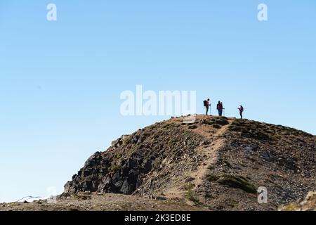 Wanderer auf dem Gipfel des Panorama Ridge unter dem weiten Himmel. Stockfoto