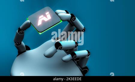 Ein Roboter hält einen künstlichen Integince-Chip (3D Rendering) Stockfoto