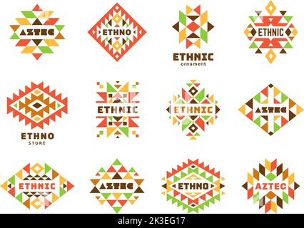 Aztec navajo indianisches Stammeslogo-Design. Trendige Hipster-Elemente, isolierte ethnische Ornamente. Mexiko-Motiv, aufgeräumte geometrische Boho-Vektor-Symbole Stock Vektor