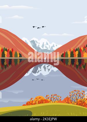 Herbst Berg See Tal Vektor Landschaft Poster. Herbstwald auf Berge Hintergrund. Heller Tag in herbstlicher Ruhe See Cartoon Illustration Stock Vektor