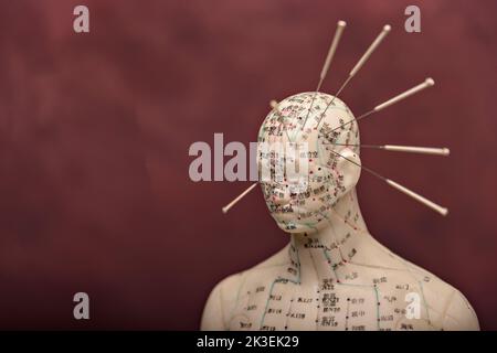 Schaufensterpuppe mit Akupunkturpunkten und Meridianen. Stockfoto