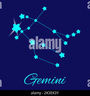 Sternzeichen Zwillinge. Vektor-Illustration mit Sternbildern und blauen Sternen astronomische Symbole. Strahlend blaue Sterne am Nachthimmel. Stock Vektor