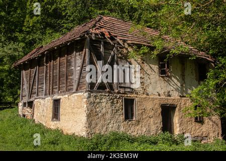 Verfluchten überströmtes altes zerstörtes leeres Haus auf dem Land, am Ende des verlassenen Dorfes Stockfoto