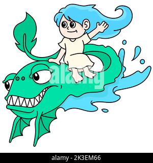 Eine kreative Illustration einer Zeichentrickfigur, die auf einer mystischen Wasserkreatur reitet Stock Vektor