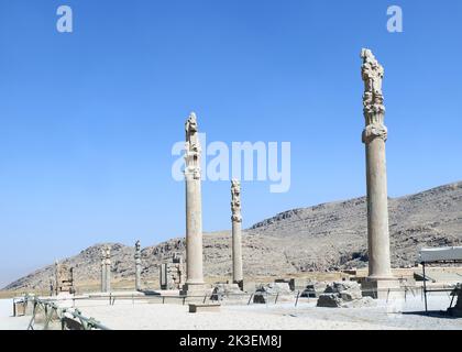 Säulen und Ruinen von apadana Palace von Darius der Große, Persepolis, Iran gebaut. Weltkulturerbe der UNESCO Stockfoto