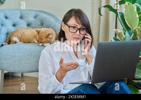 Frau, die zu Hause mit einem Laptop sitzt, Ingwer-Katze, die auf einem Sessel schläft Stockfoto