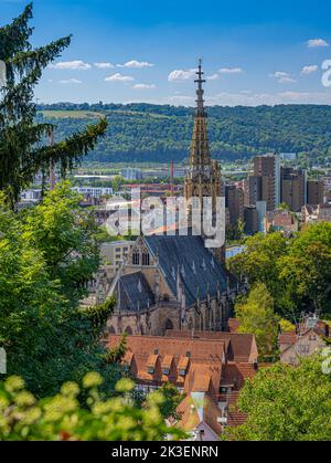 Neckarhaldenweg mit Blick auf die Frauenkirche, Esslingen, Baden-Württemberg, Deutschland Stockfoto