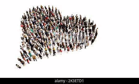 Konzept oder konzeptuelle große Versammlung von Menschen, die das Bild eines Herzens auf weißem Hintergrund bilden. Eine illustration von 3D Metapher für Liebe, Romantik Stockfoto