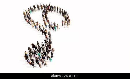 Konzept oder konzeptuelle große Versammlung von Menschen, die ein Bild eines Stethoskops auf weißem Hintergrund bilden. Eine 3d-Illustration Metapher für eine Überprüfung, tre Stockfoto