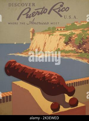 Entdecken Sie Puerto Rico, USA, wo sich Amerika trifft, Vintage-Reiseposter von Frank S. Nicholson. Ca. 1930-1940 Stockfoto