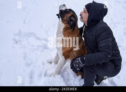 Portrait lateinischer Mann mit Schnurrbart und bernhardiner Hund blicken zusammen im Winterschnee ins Profil. Horizontaler y-Kopierbereich Stockfoto