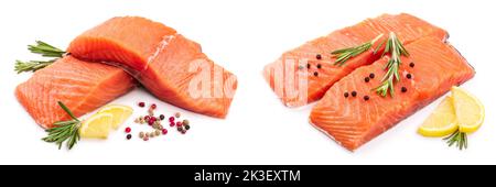 Filet von der roten Fisch Lachs mit Zitrone und Rosmarin auf weißem Hintergrund Stockfoto