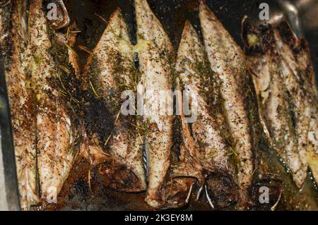 Makrele gekocht mit verschiedenen Arten und feinen Kräutern Stockfoto