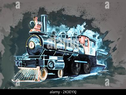 Eine alte Dampflokomotive Zug Aquarell mit einem großen Licht auf der Vorderseite & nummeriert 1 Stockfoto