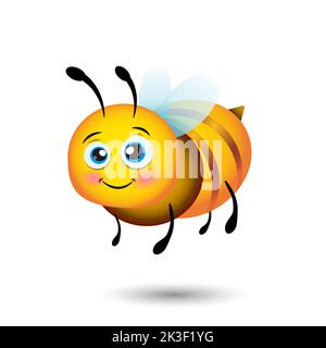 Niedliche gelbe freundliche Biene. Cartoon glücklich fliegende Biene mit großen freundlichen Augen. Wespe-Charakter. Vektor auf Weiß isoliert Stock Vektor