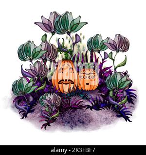 Aquarell handgezeichneter orangefarbener Halloween-Kürbis mit einer lila und grünen magischen Blumen, Gras. Elemente auf weißem Hintergrund isoliert Stockfoto